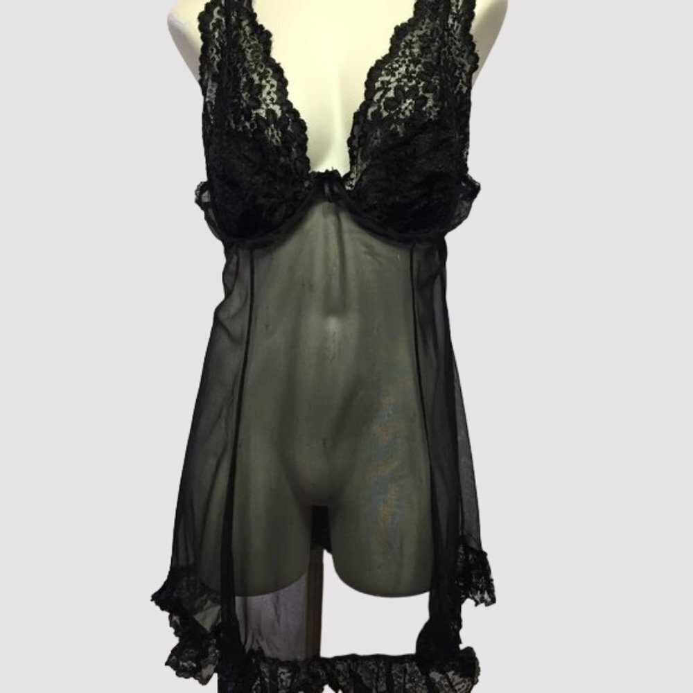 BLACK Sheer and Lace Baby Doll Chemise Size X-Large